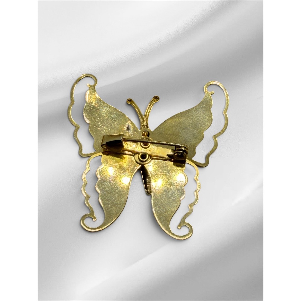 Vintage Gold Tone Blue Enamel Butterfly Brooch Pin Whimsical Nature Jewelry - Picture 7 of 9
